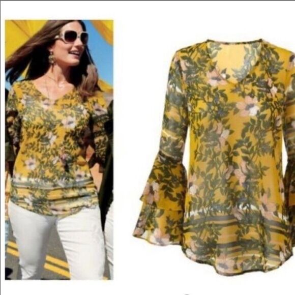 CAbi Yellow and Green Floral Blouse - Picture 1 of 14